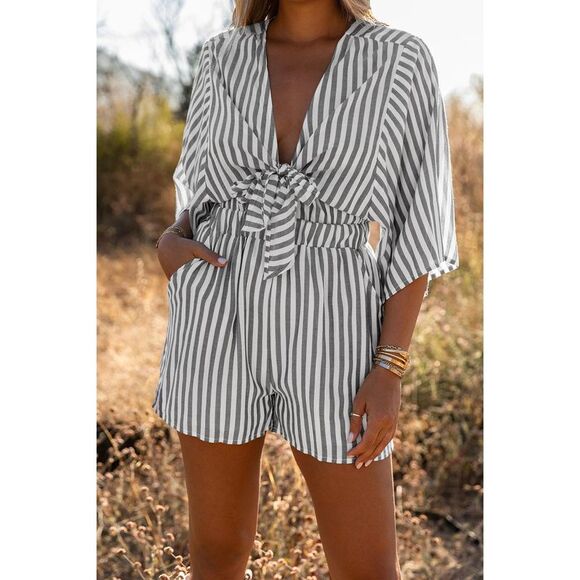 Azura Exchange  Wide Kimono Sleeves Tie Front Striped Romper with Pockets - Picture 7 of 8